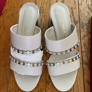 New Salvatore Ferragamo Women's Trabia Embellished Block Heel Slide Sandals